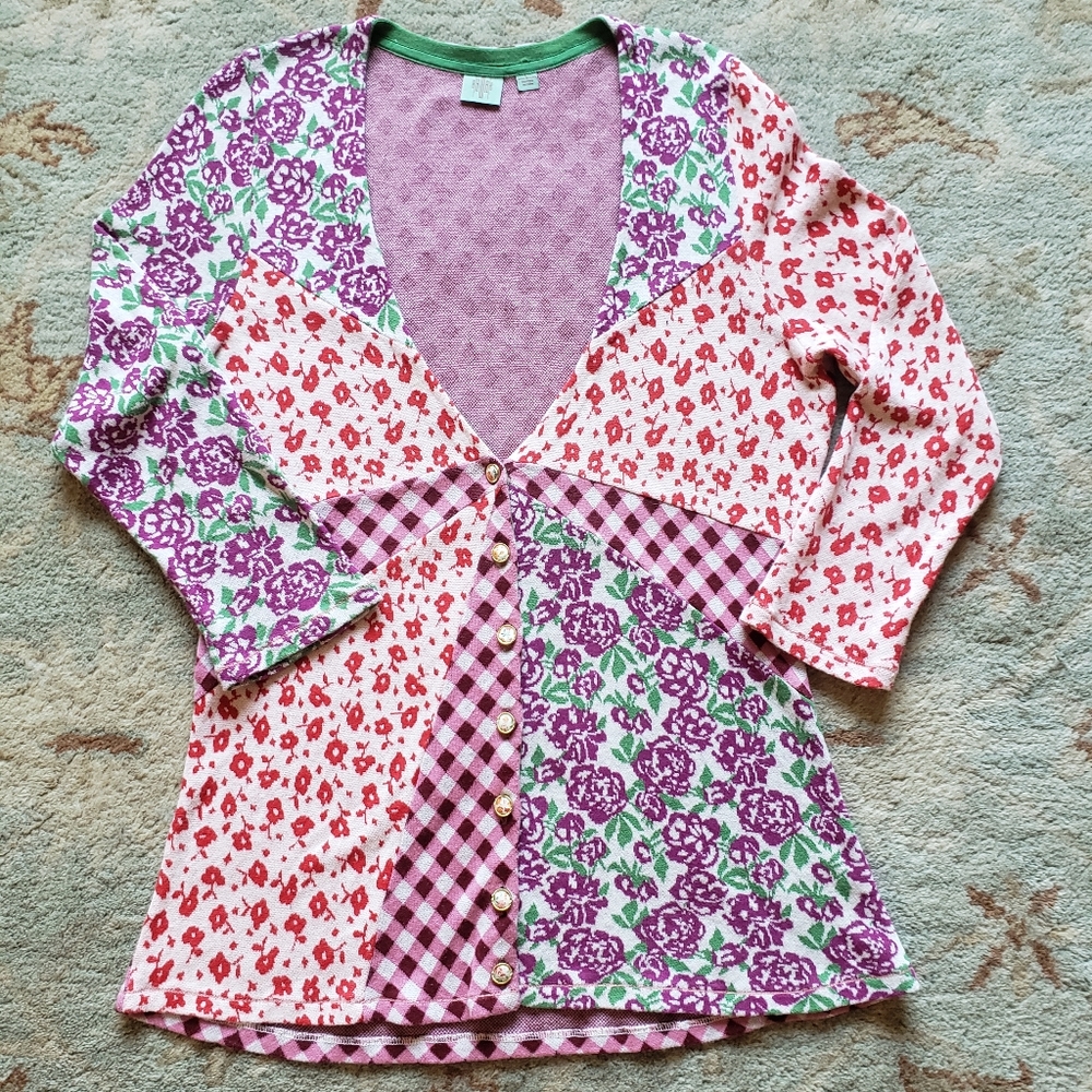 Anthropologie Multicolor Floral Patchwork Cardigan